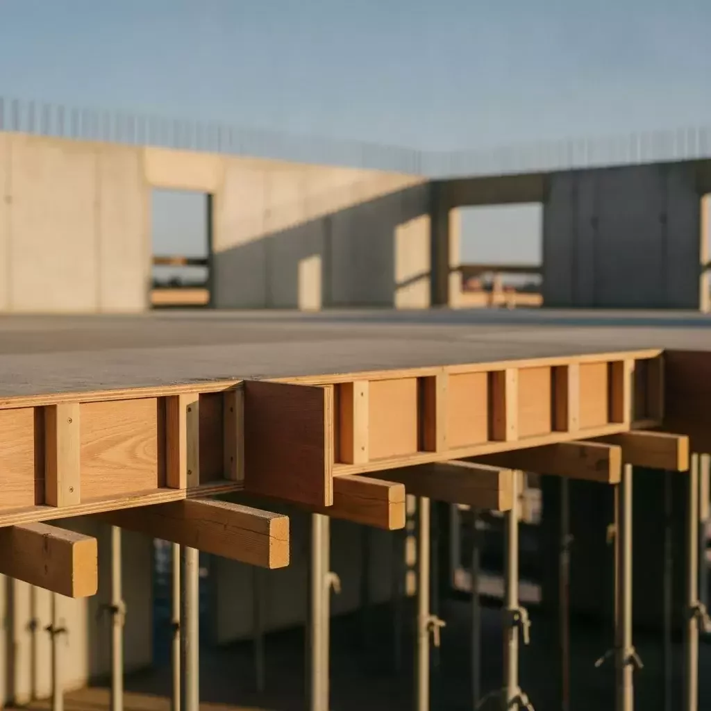 High-rise concrete formwork built with Cochin Wood HD film-faced shuttering plywood, tower cranes overhead