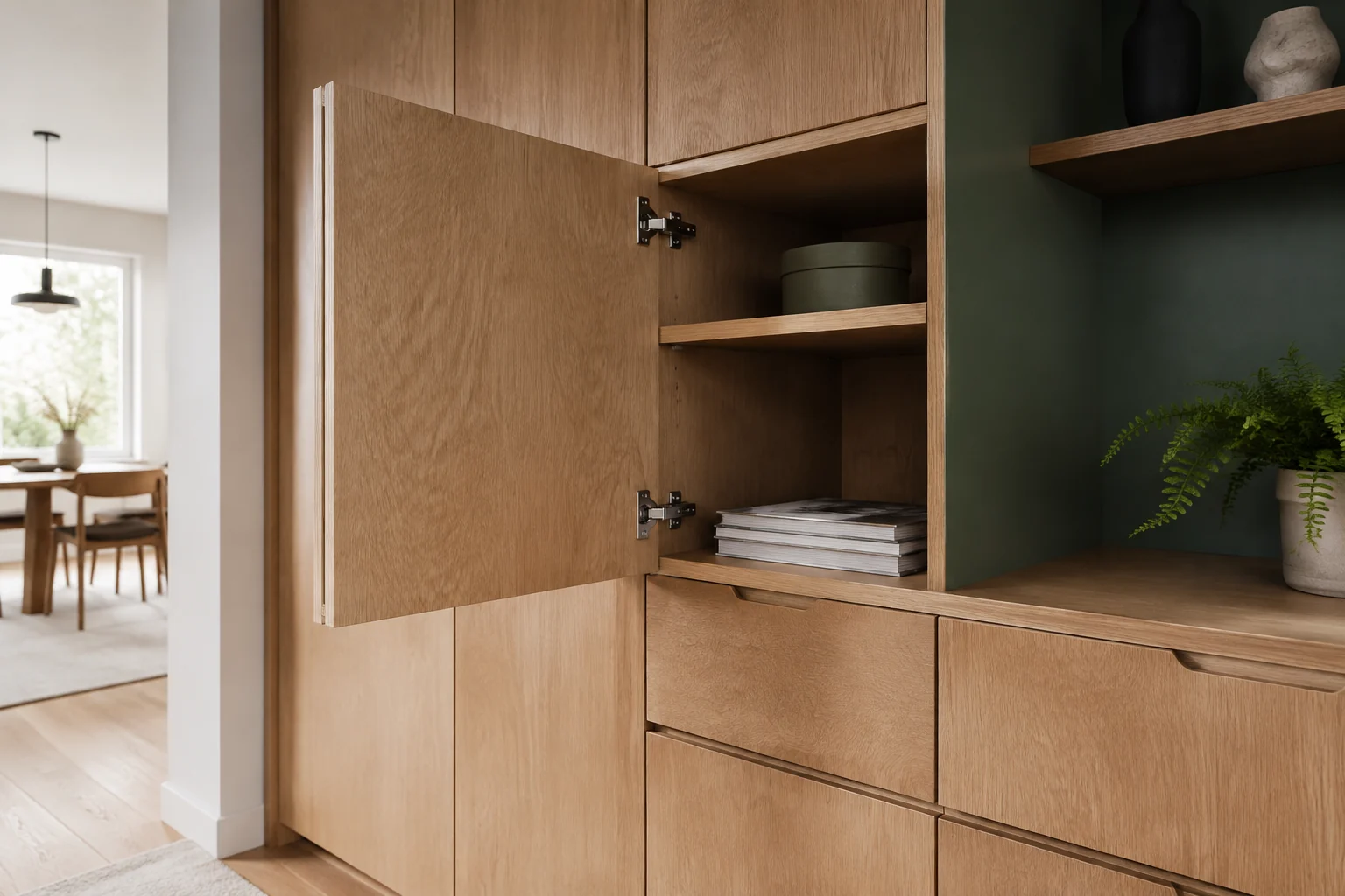 Open plywood cabinet with visible layered door edges beside a forest-green niche