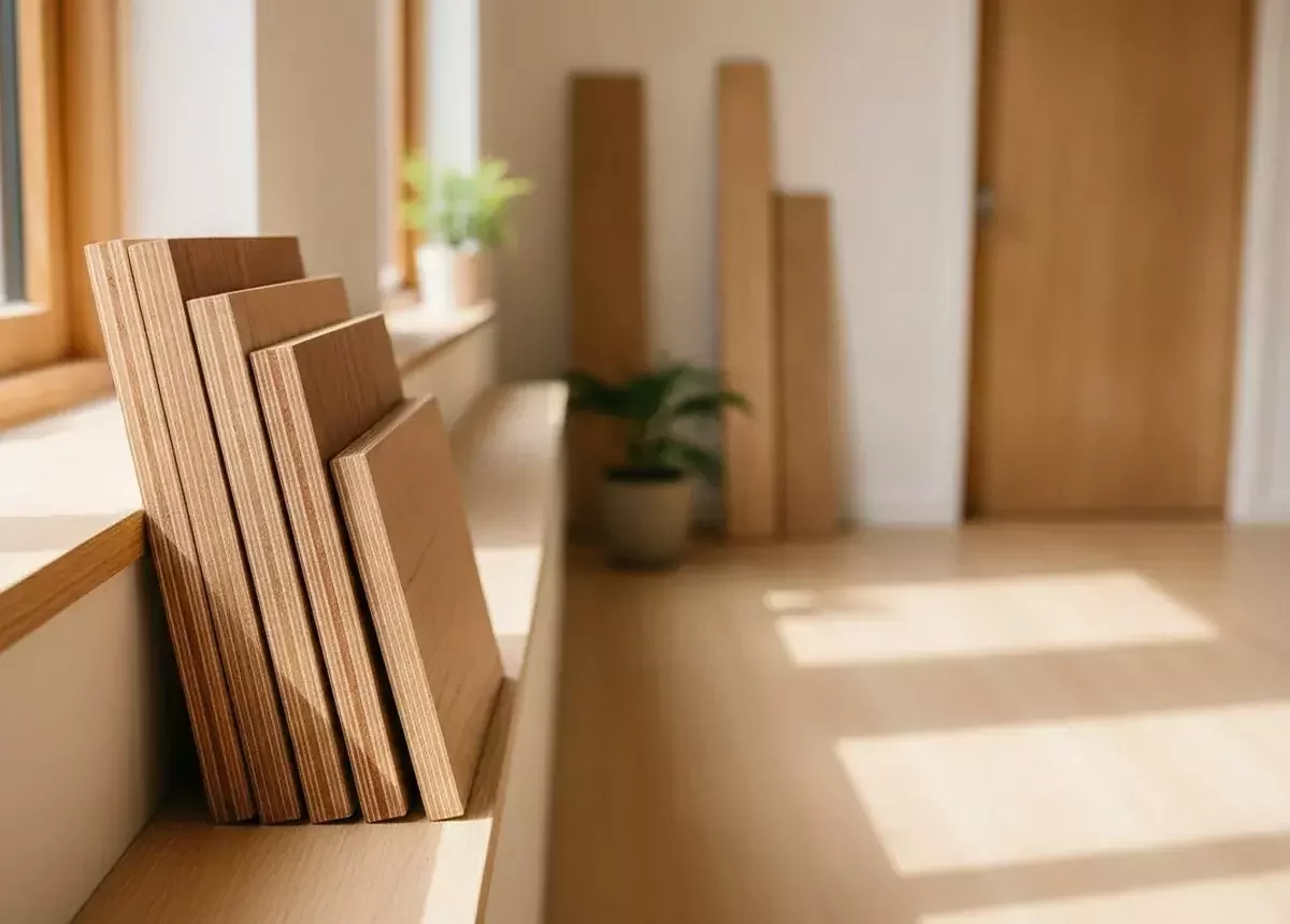 Sunlit workshop interior with stacked plywood panels, a flush door, OSB and sawn timber beams — engineered wood manufactured by Cochin Wood Industries