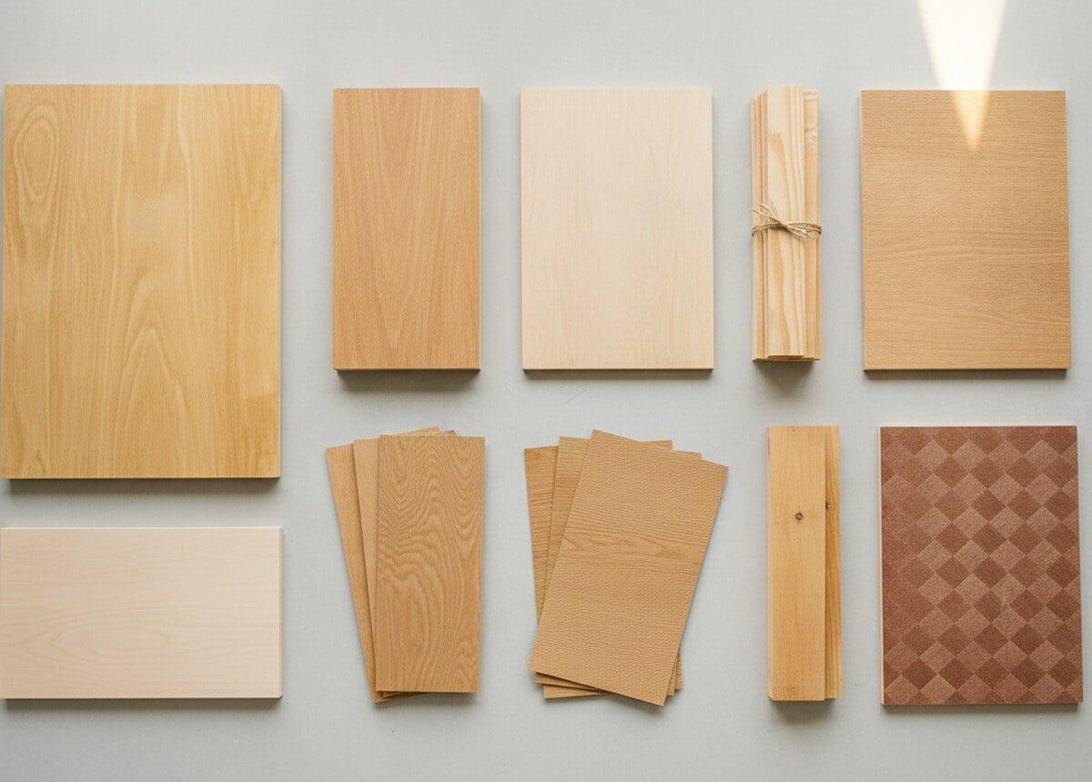 Wood and plywood samples arranged for material selection