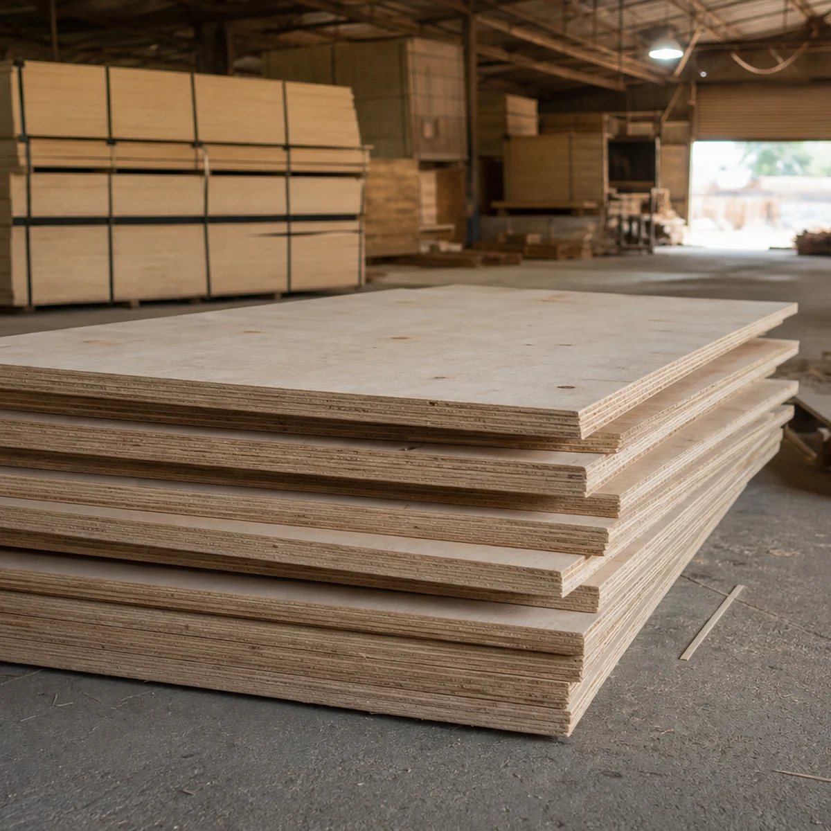 Pale plywood sheets stacked with their layered edges visible