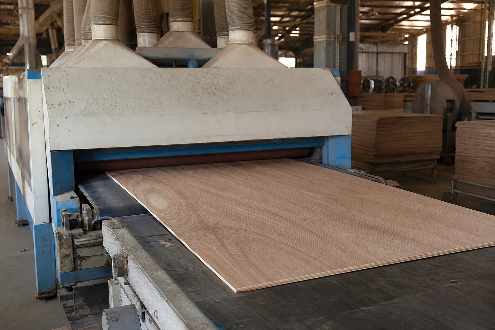 A plywood panel passing through a sanding machine