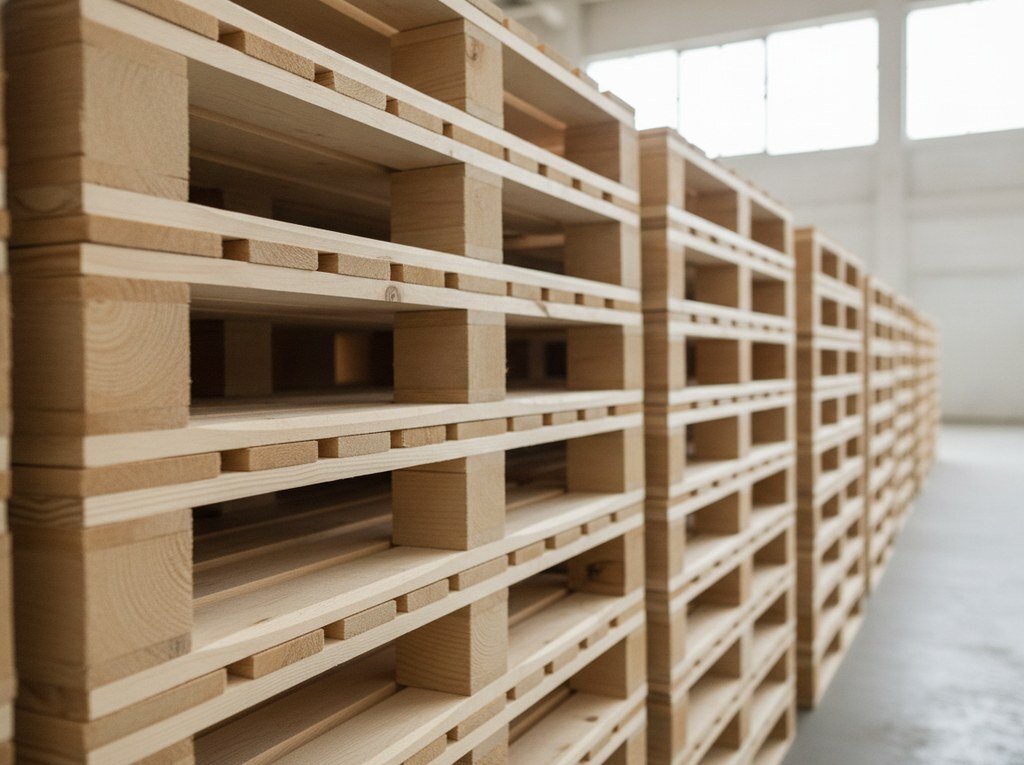 Stacked Cochin Wood plywood pallets with ISPM-15 heat-treated stamps, ready for export