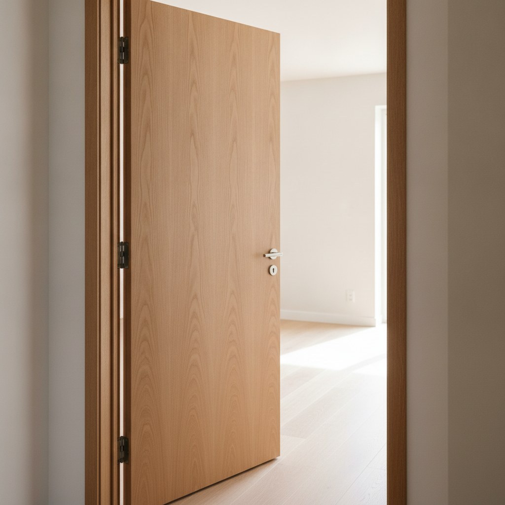 Modern flush door in a minimalist interior with full-height windows, built with Cochin Wood solid-core flush doors